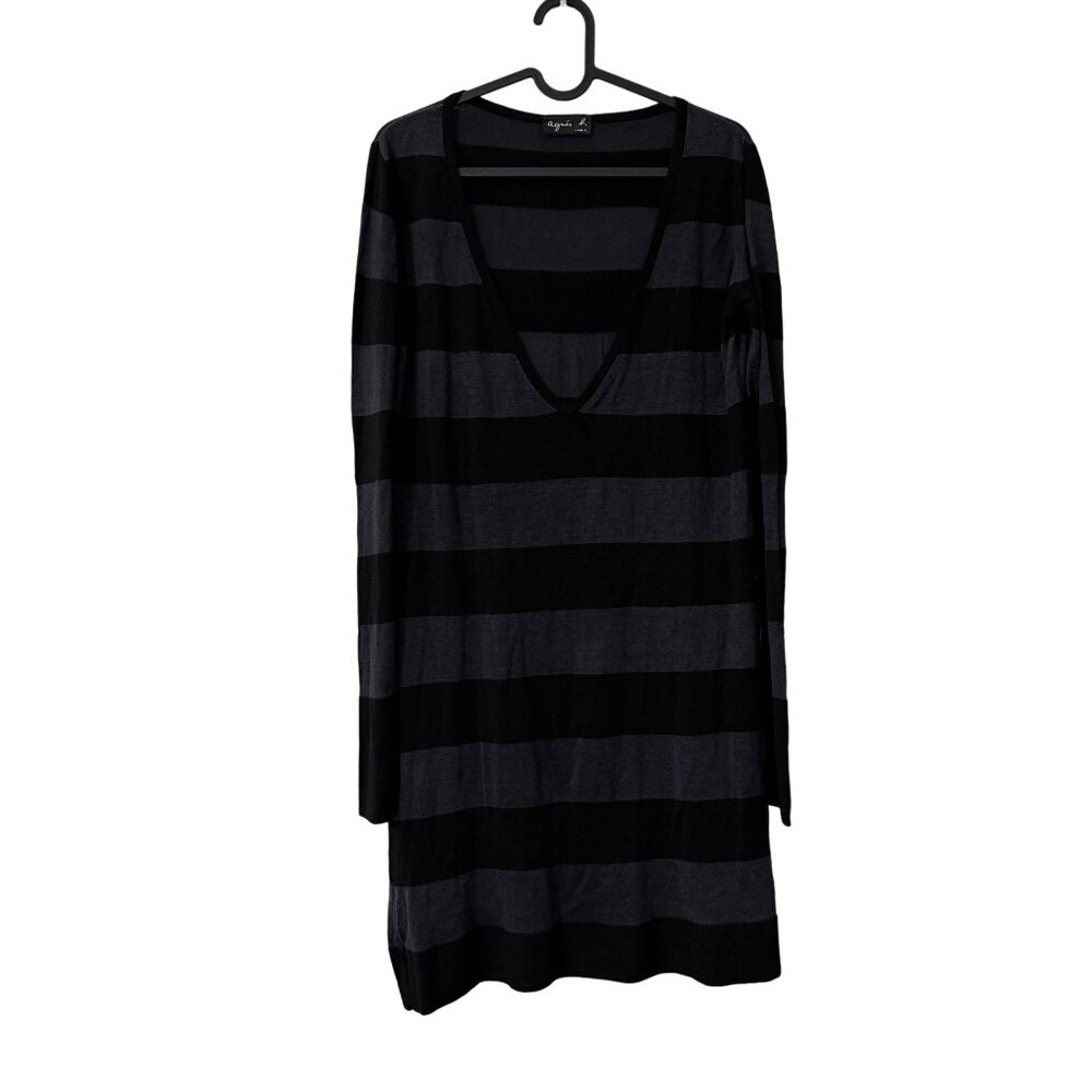 Agnes B Paris Black Gray Striped Wool Vneck Sweater Tunic Dress Womens Large